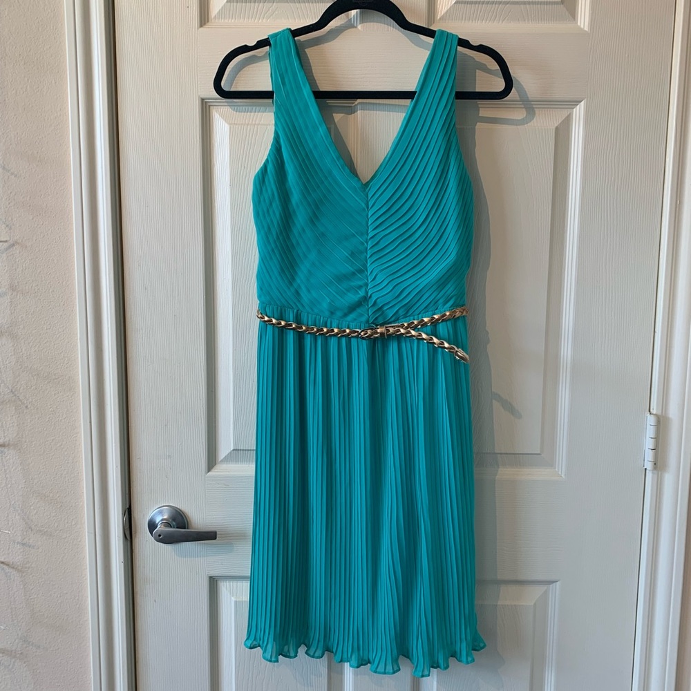 Pleated Teal Dress w/ Gold Braided Belt